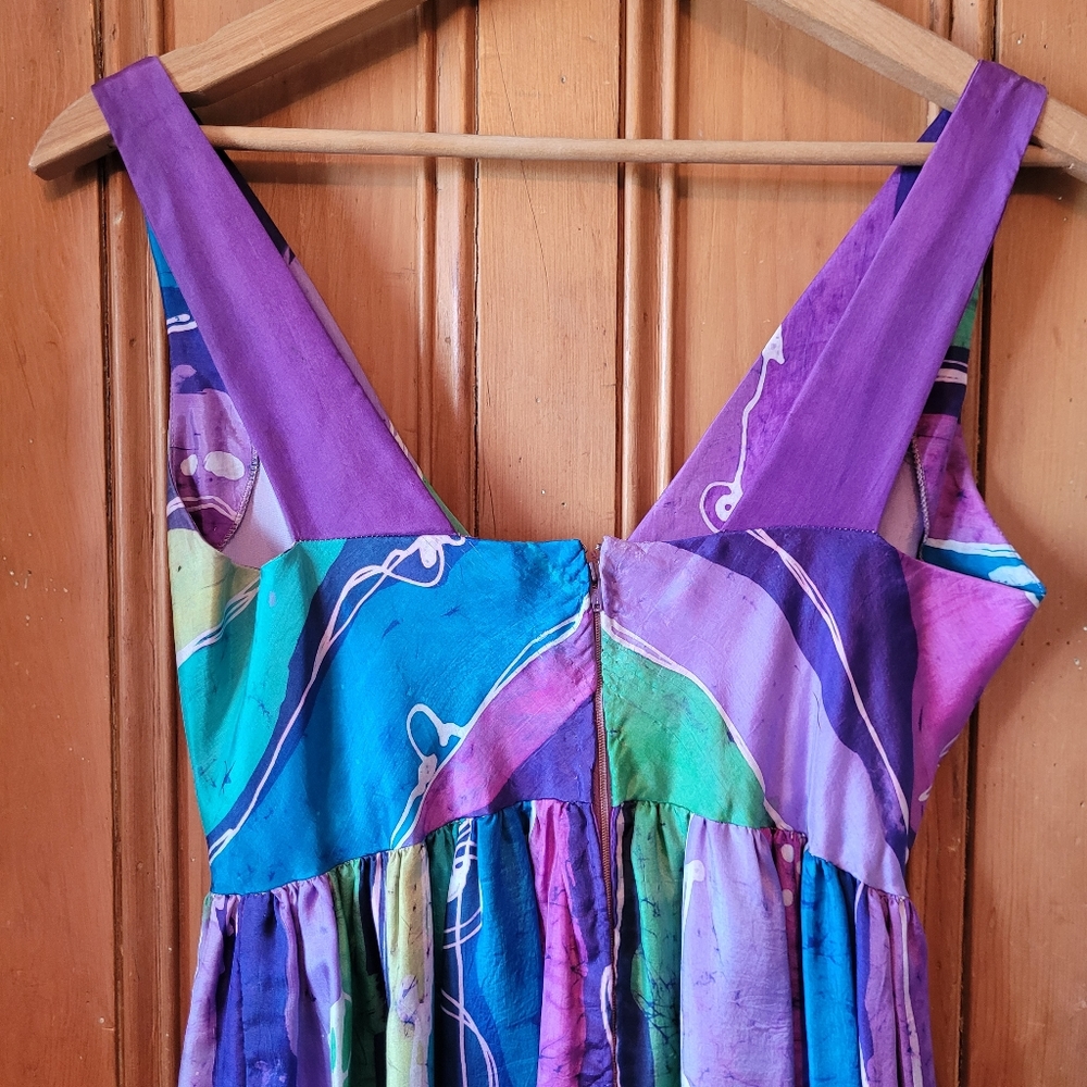 Vintage 70s Silk Batik Maxi Dress Blue And Purple size small Wedding Guest Party - Picture 4 of 7